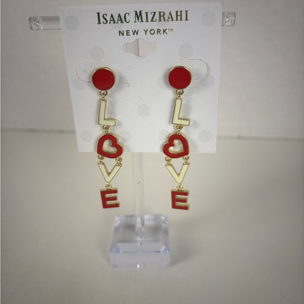 Isaac Mizrahi Red and Gold Heart LOVE Earrings